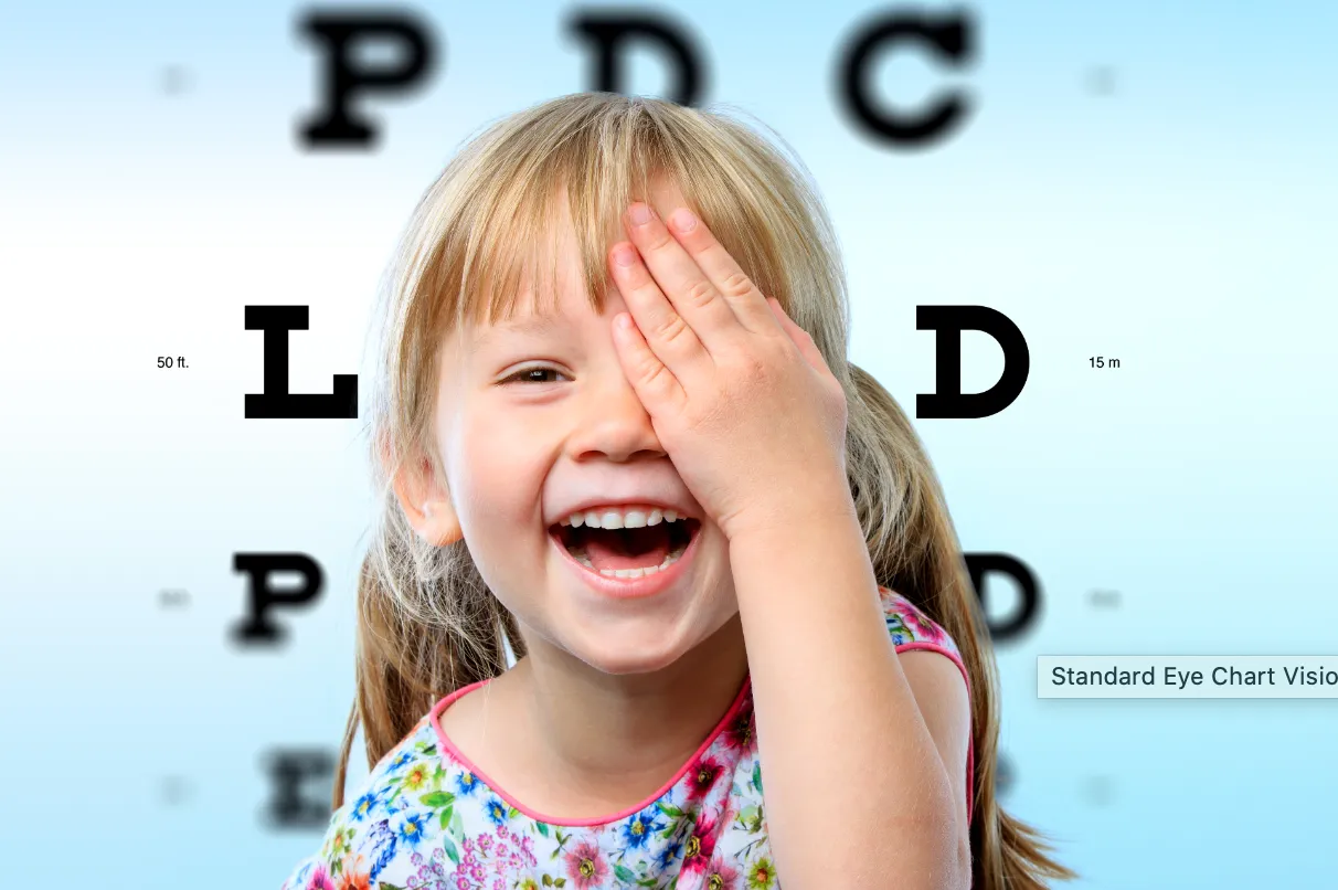 Young girl covering one eye during a standard eye-chart vision screening