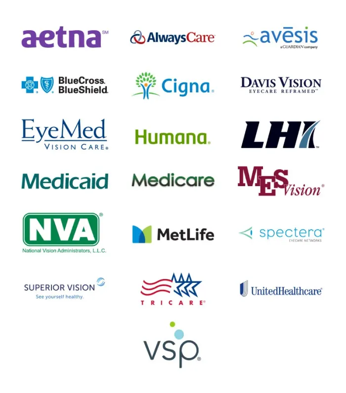 Logos of the vision and medical insurance plans families most often ask us about