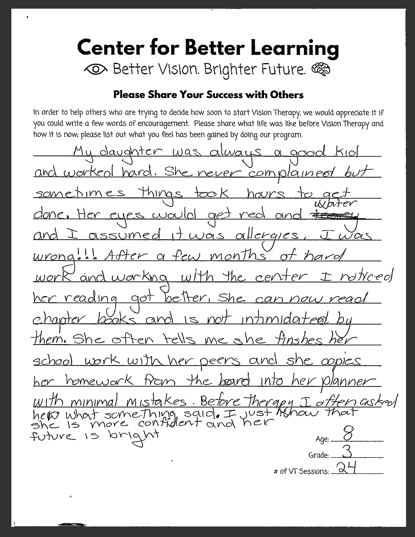 A parent's handwritten note on a Center for Better Learning success-story form, describing their child's improved reading and confidence