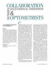 Article page titled Collaboration Between Occupational Therapists and Optometrists, with a teal heading over dense black body text