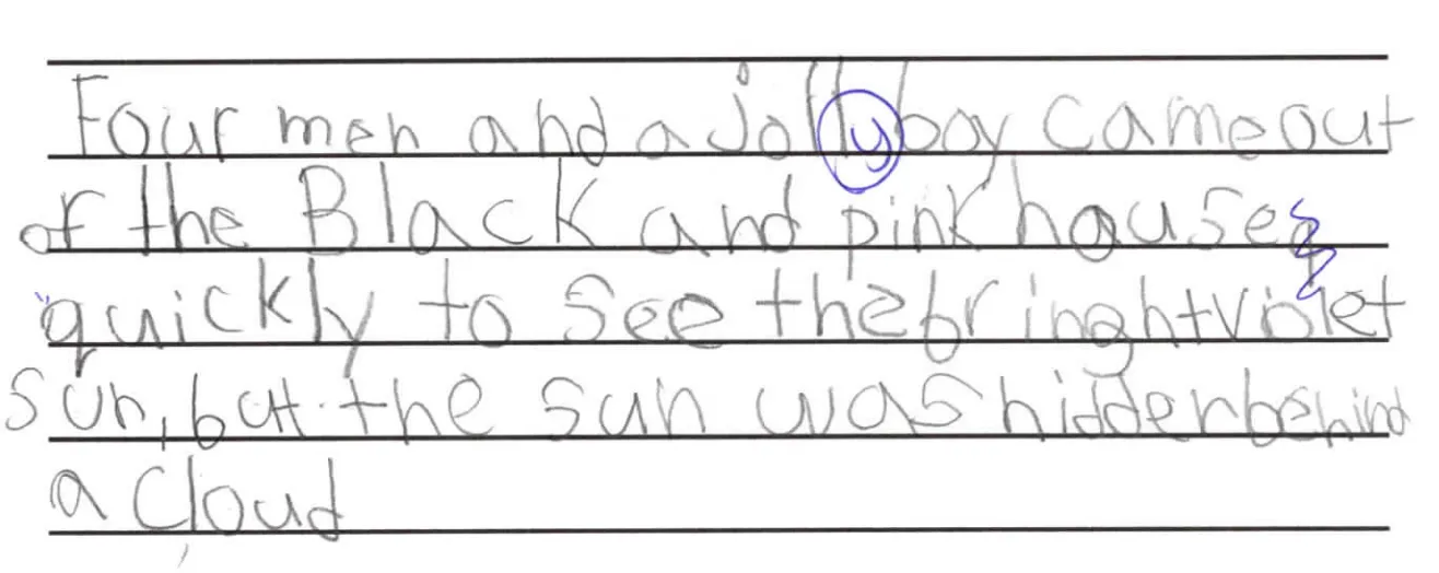 A child's handwriting on wide-ruled paper: letters of uneven size sitting above and below the line, words running together such as 'cameout' and 'hiddenbehind', and two blue pen corrections