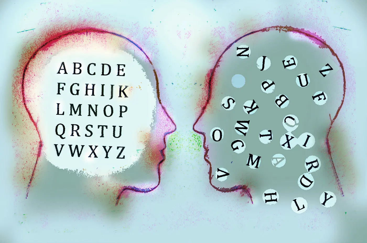 An illustration of a child's head with jumbled, scrambled letters inside, suggesting effortful decoding