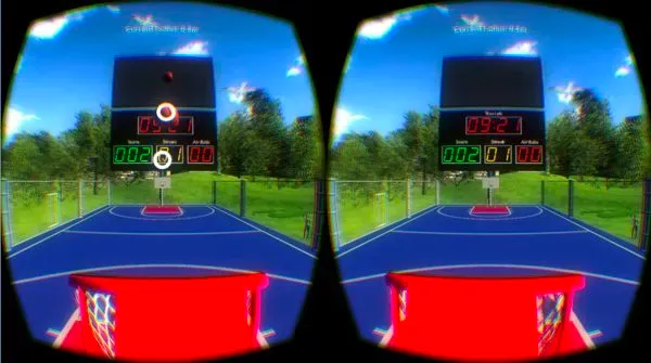 The side-by-side left-eye and right-eye views a patient sees inside a virtual reality headset during dichoptic vision training.