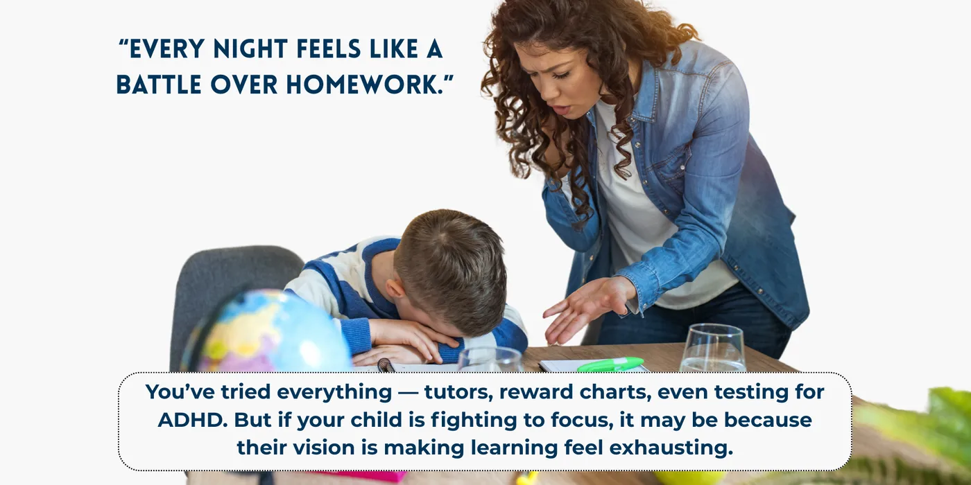 A woman looks concerned as a boy slumps face-down on the table over his homework, with the caption 'Every night feels like a battle over homework.'