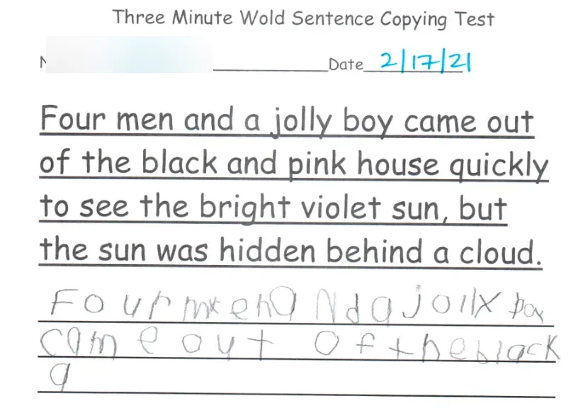 A child's handwriting sample with letters of inconsistent size and words running into each other