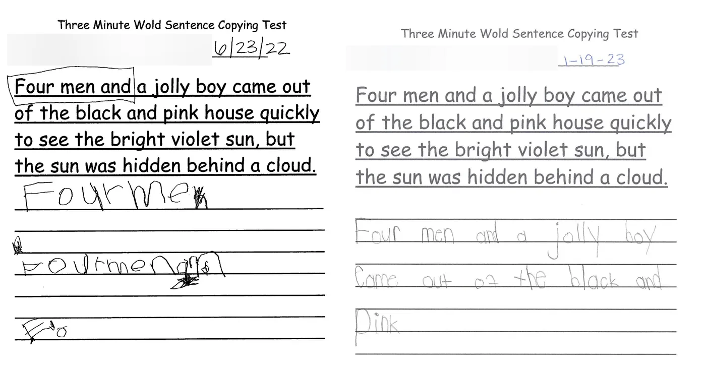 Three lines of a child's handwriting sample, each line looser and less even than the one above it
