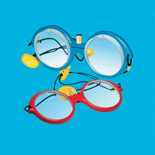 Colorful mirrored vision therapy goggles with blue and red frames and yellow temples, used in binocular training activities, on a bright blue background.
