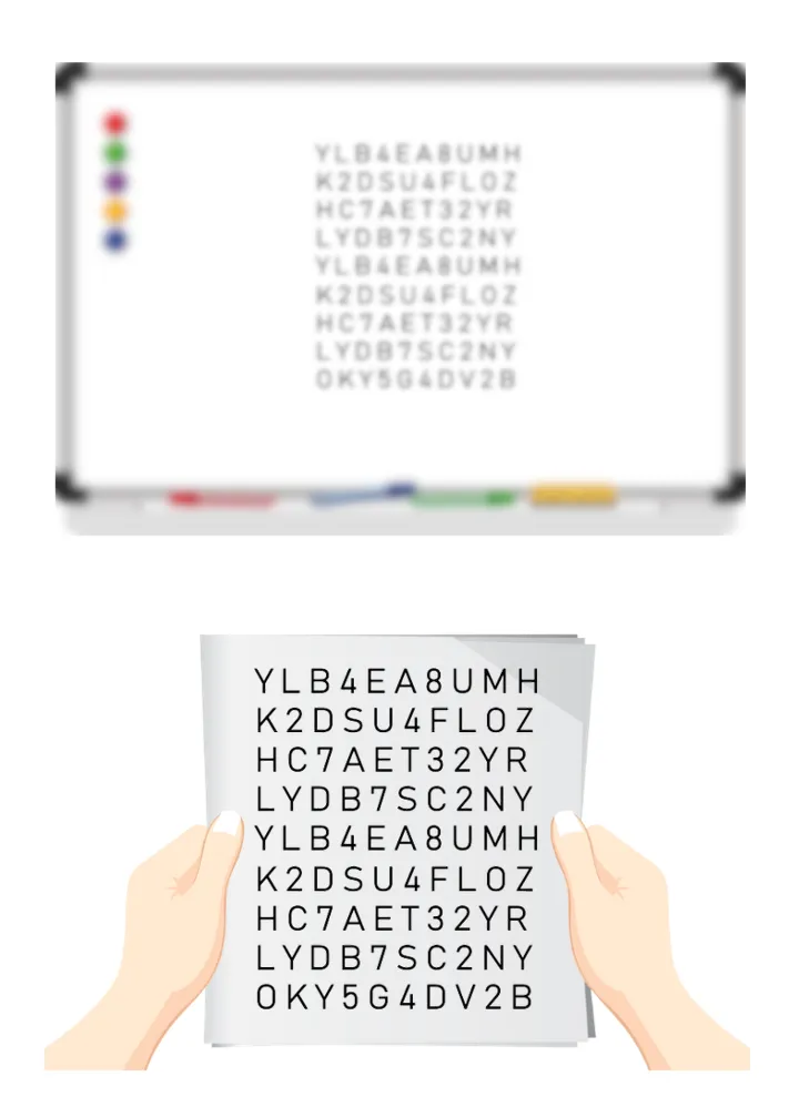 Child's hands holding a worksheet of letter-and-number codes, with the same codes written on a whiteboard behind; a near-to-far copying task that demands rapid focusing changes.