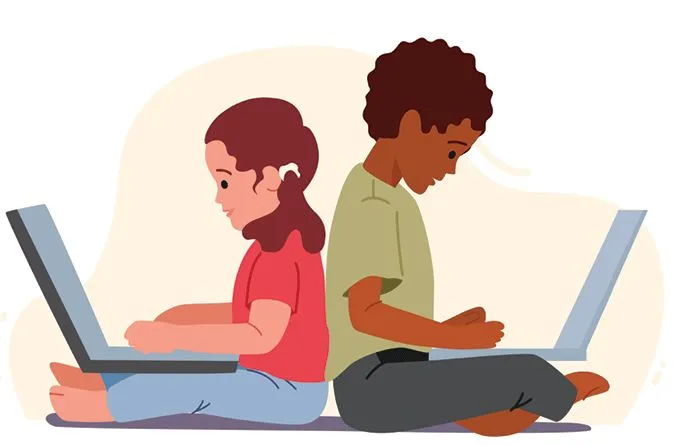 Illustration of two children sitting back to back on the floor, each working on an open laptop