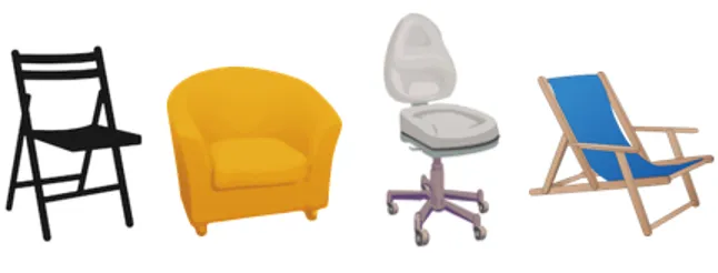 Four chairs of different styles, sizes and materials - a folding chair, a tub armchair, an office chair and a deck chair - all instantly recognizable as chairs