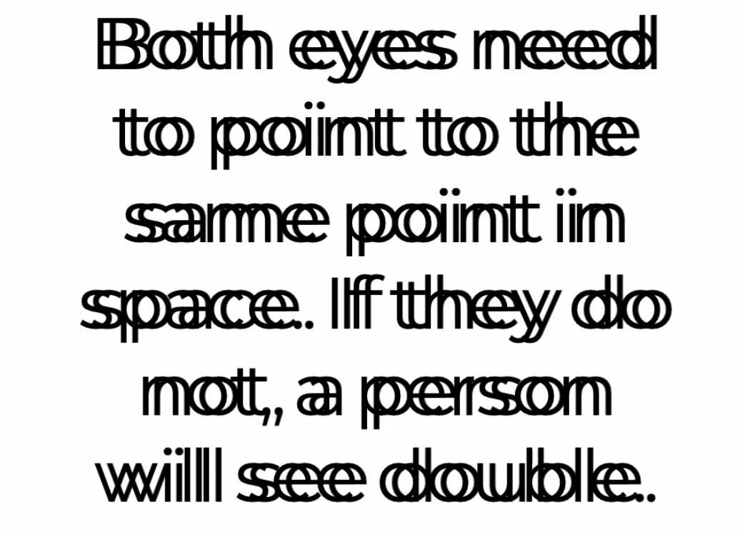 Illustration of a line of print splitting into two overlapping images, captioned with the idea that both eyes must point at the same place in space or a person sees double.
